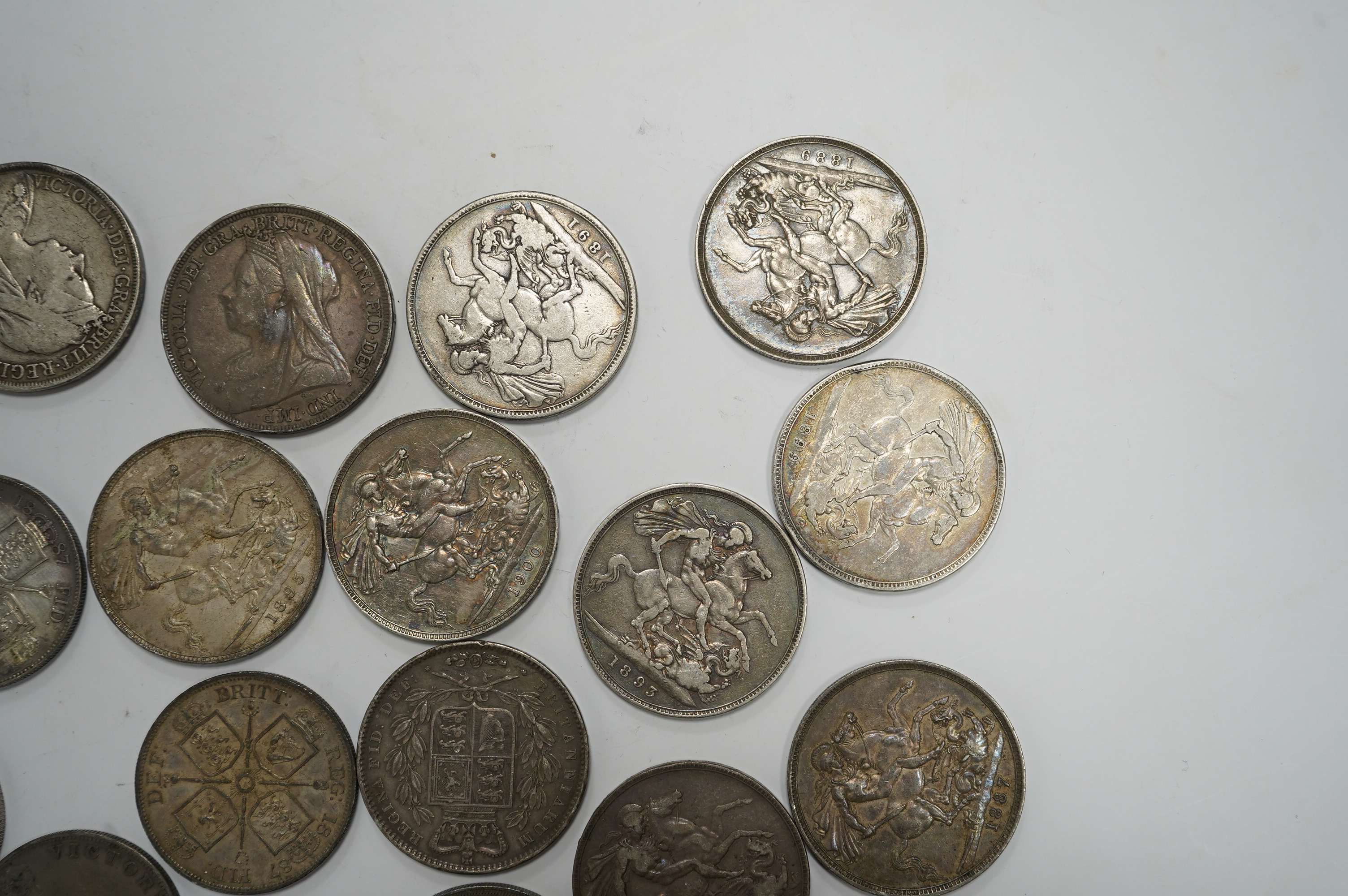 British silver coins, Victoria, twelve crowns including 1845, five double florins, two 1887 Good VF